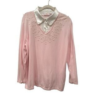 Quacker Factory Pink Sweater White Satin Collar Embellished Pearls Event Sz 1X